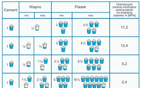 Tabela z proporcjami cementu, wapna i piasku w wiaderkach oraz wytrzymałością zaprawy.