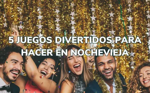 Cinco amigos celebran con confeti y chispas, listos para divertidos juegos para Nochevieja.