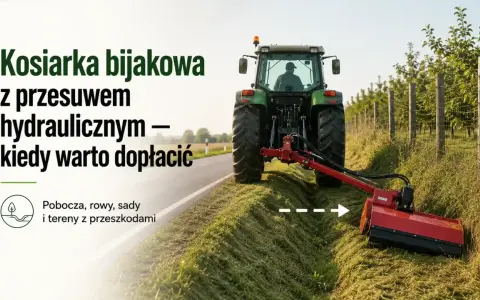 Traktor z kosiarką bijakową z przesuwem hydraulicznym, idealny dla producenta kosiarek do pracy przy poboczach, rowach i sadach.