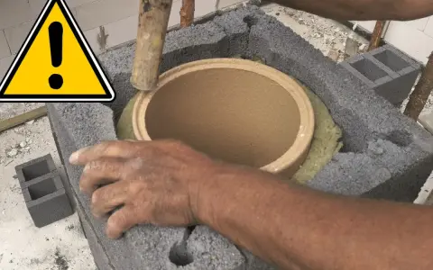 Ręce montują ceramiczny czopuch w konstrukcji z pustaków. Ostrzeżenie przed pracami budowlanymi.