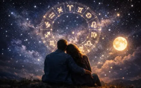 Para wpatrzona w gwiazdy, gdzie krąg zodiaku symbolizuje skorpion i waga związek. Księżyc w pełni oświetla ich wspólną drogę.