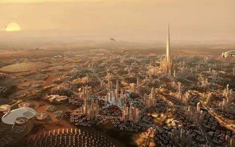 Futurystyczne miasto z dominującą, lśniącą rise tower. Latające pojazdy i okrągłe struktury na pustynnym krajobrazie.
