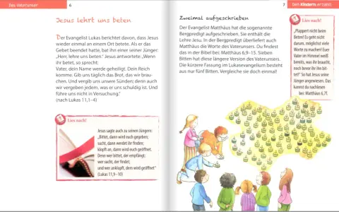 Kinder lernen das Vaterunser mit Bewegungen und Kerzen. Jesus lehrt uns beten, wie im Evangelium beschrieben.