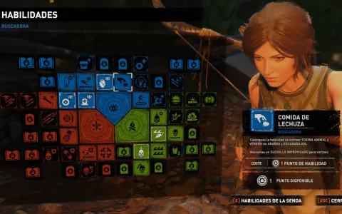 Menú de habilidades de "Shadow of the Tomb Raider", con Lara Croft al fondo. Se muestra la habilidad "Comida de Lechuza".