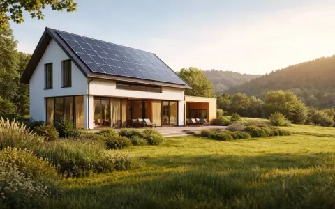 Nowoczesny dom z panelami słonecznymi na dachu, otoczony zielenią. Promienie huawei sun oświetlają malowniczy krajobraz.