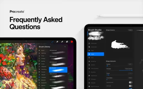 Jaki iPad do Procreate? Na ekranie widać aplikację Procreate z biblioteką pędzli i ustawieniami Brush Studio. Idealny do cyfrowego malarstwa.