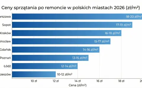 Wykres porównuje, ile kosztuje sprzątanie mieszkania po remoncie w polskich miastach w 2026 roku. Najdrożej jest w Warszawie (18-20 zł/m²), najtaniej w Rzeszowie (10-12 zł/m²).