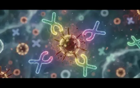 Kolorowe, stylizowane na chromosomy kształty otaczają wirusa. Ana walczy z chorobą.