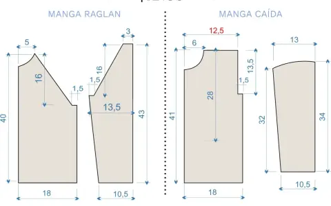 Patrón jersey punto niño 4 años: manga raglán y manga caída con medidas detalladas para confección.