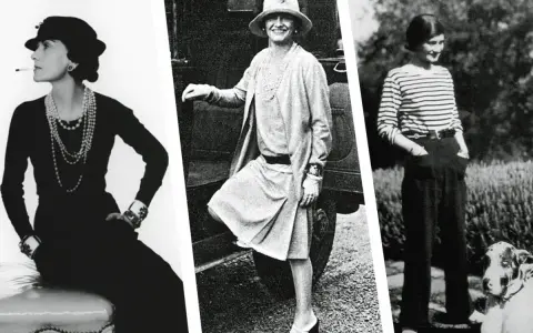 Coco Chanel, ícono de la moda, luce elegantes vestidos años 20 y pantalones de estilo atemporal.