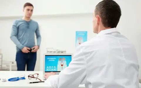 Lekarz omawia z pacjentem problemy z zatrzymaniem moczu po operacji prostaty, analizując na ekranie laptopa układ moczowo-płciowy.