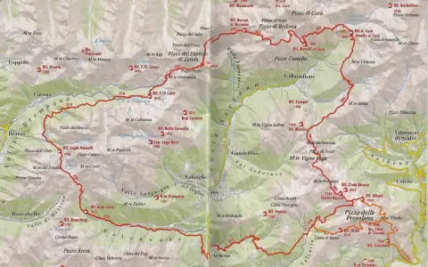Mappa del sentiero delle Orobie, con sentieri rossi che attraversano valli e cime come il Pizzo Coca e la Presolana.