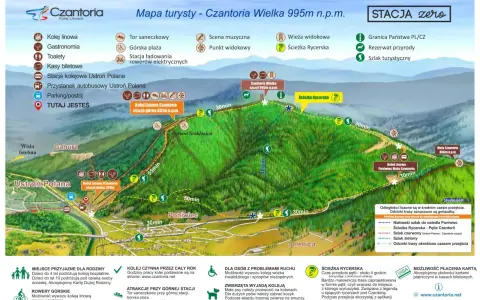 Mapa turystyczna Wielkiej Czantorii z zaznaczonymi szlakami, kolejką linową i atrakcjami.