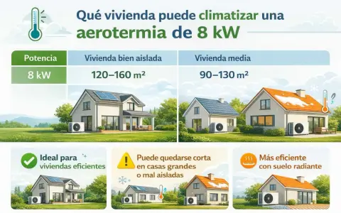 Guía de cálculo aerotermia: una unidad de 8 kW climatiza viviendas bien aisladas (120-160 m²) o medianas (90-130 m²). Ideal para casas eficientes.