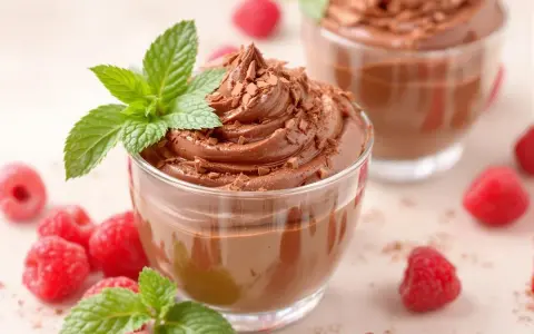 Délicieuse mousse au chocolat 2 ingrédients sans oeuf, garnie de copeaux de chocolat et de menthe fraîche, avec des framboises autour.