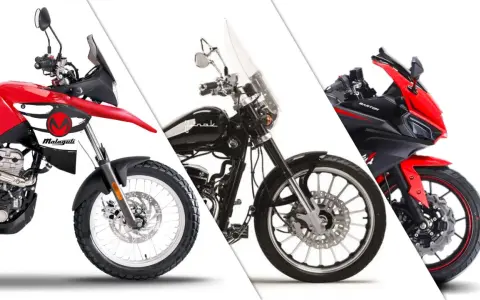 Trzy motocykle: czerwony turystyczny Malaguti, czarny chopper i sportowy czerwono-czarny Barton. Idealne na kategorię B prawa jazdy.