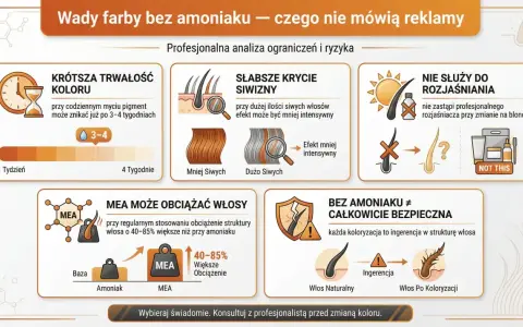 Wady farb bez amoniaku: krótsza trwałość koloru, słabsze krycie siwizny, nie służą do rozjaśniania, MEA obciąża włosy. MEA to nie to samo co amoniak.