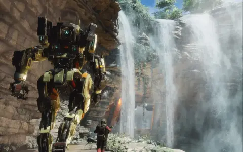 Gigantyczny mech i pilot stoją przy wodospadzie. Fani zastanawiają się: Titanfall 3 kiedy?