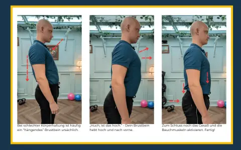 Mann korrigiert Haltung: Brustbein hoch, Bauch anspannen. Ein **growth mindset** hilft, schlechte Gewohnheiten zu überwinden und sich zu verbessern.