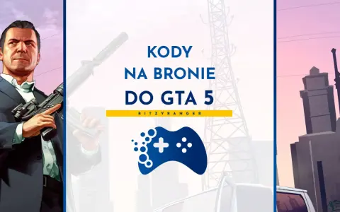 Michael z GTA 5 trzyma broń, a obok widnieje napis "Kody na bronie do GTA 5".