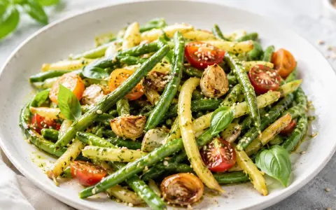 Kolorowe dania z fasolki szparagowej żółtej i zielonej, z pomidorkami koktajlowymi, czosnkiem i bazylią, polane sosem pesto.