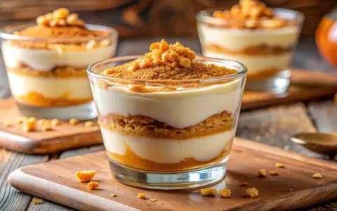 Deliciosa serradura portuguesa en capas, con galleta triturada y crema suave, servida en vasos de vidrio sobre tablas de madera.