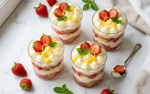 Quatre verrines de dessert fraise mascarpone, garnies de fraises fraîches, de menthe et de zeste de citron.