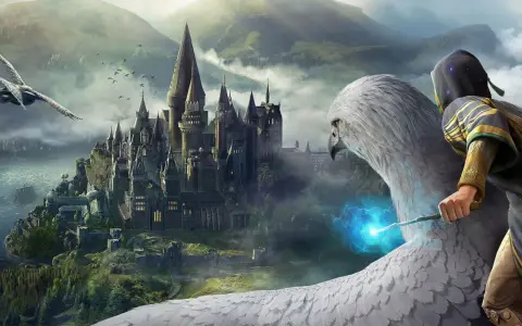 Un hipogrifo con un mago a bordo vuela hacia el castillo de Hogwarts, quizás buscando a quien fundo Hogsmeade.