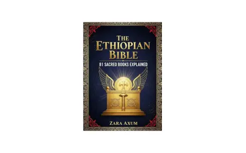 Book cover for "The Ethiopian Bible: 81 Sacred Books Explained," featuring a golden Ark of the Covenant with wings.