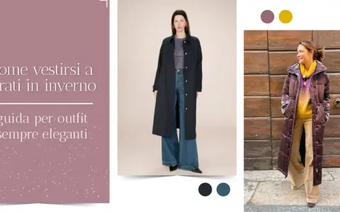 Guida per vestirsi a strati in inverno con outfit eleganti. Due donne mostrano come creare look chic con cappotti lunghi e maglioni colorati.