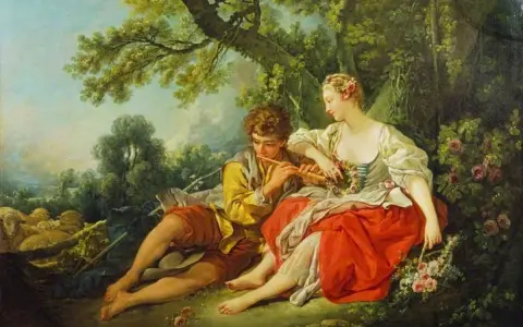 Un jeune homme joue de la flûte pour une jeune femme, entourés de roses et de moutons. Style rococo.
