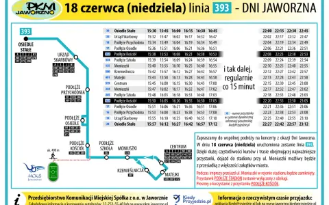 MPK Jaworzno rozkład jazdy linii 393 na 18 czerwca (niedziela). Kursy co 15 minut.