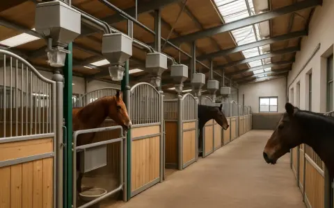 Chevaux dans des boxes modernes, avec mangeoires automatiques. Le prix d'un manège 60x20 est peut-être abordable pour un tel confort.