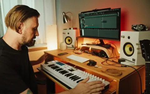 Mężczyzna tworzy muzykę w domowym studiu. Na biurku klawiatura sterująca, monitory studyjne, komputer z programem do produkcji muzyki i gitara.