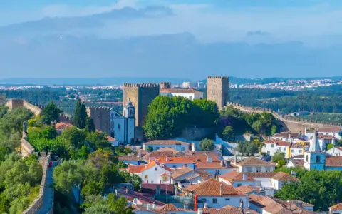 Malerische portugiesische Landschaft mit einer mittelalterlichen Burg und Stadtmauern, die sich über grüne Hügel erstrecken. Weiße Häuser mit Ziegeldächern und ein Kirchturm sind sichtbar.