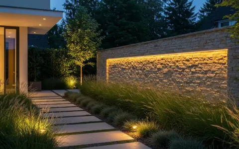 Allée de dalles éclairée par des spots au sol, bordée d'herbes hautes et d'un mur de pierre illuminé par une lumière 4000k couleur.