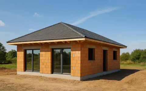 Une petite maison à construire en briques orange, avec un toit sombre et de grandes fenêtres, sur un terrain sablonneux sous un ciel bleu.