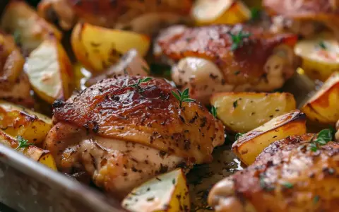Ugnsbakad kyckling innerfilé med klyftpotatis, perfekt tillagad vid rätt temperatur.
