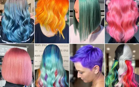 A collage of eight women with vibrant, bunte Haare in shades of blue, orange, green, pink, purple, and rainbow colors.