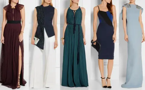 Cinque abiti eleganti per un matrimonio serale: dal bordeaux con spacco al blu notte, idee su come vestirsi.