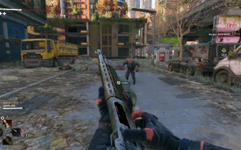 Gracz celuje z strzelby w zombie w postapokaliptycznym mieście. W Dying Light 2 broń palna to cenny zasób.