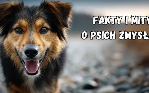 Uroczy piesek z otwartym pyskiem. Tekst na obrazku: "Fakty i mity o psich zmysłach". Poznaj fascynujące ciekawostki o psach!