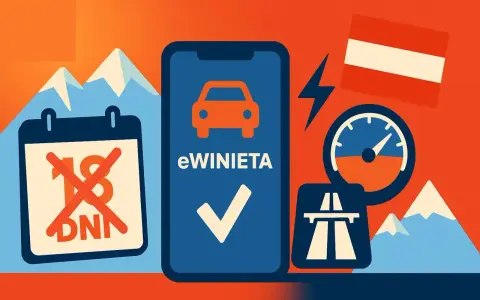 Grafika przedstawia telefon z napisem "eWINIETA", kalendarz z przekreślonym "18 DNI", flagę Austrii, prędkościomierz i symbol autostrady.