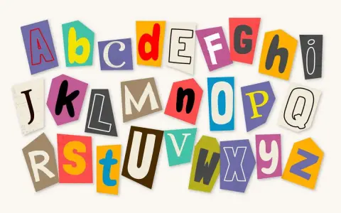 Abecedario mayúsculas y minúsculas letra escolar. Las letras del abecedario, cortadas de revistas, forman un collage colorido y divertido.