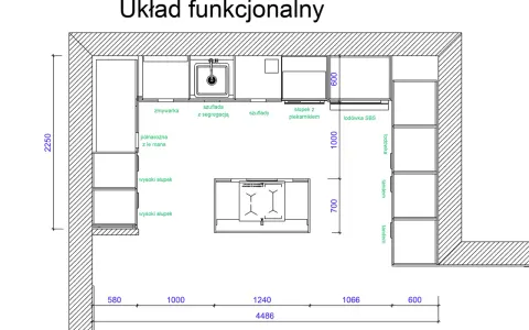 Funkcjonalny układ mebli w kuchni: zmywarka, lodówka, piekarnik, szuflady i wysokie słupki.