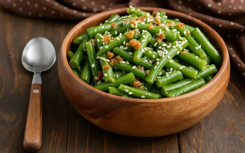 Salade haricots verts croquants, parsemée de graines de sésame et de petits morceaux croustillants. Une cuillère en bois est à côté du bol.