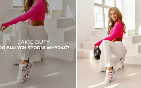 Kobieta w białych spodniach i różowym topie prezentuje białe sneakersy z kolorowymi serduszkami. Idealne pytanie: jakie buty do białych spodni damskich wybrać?