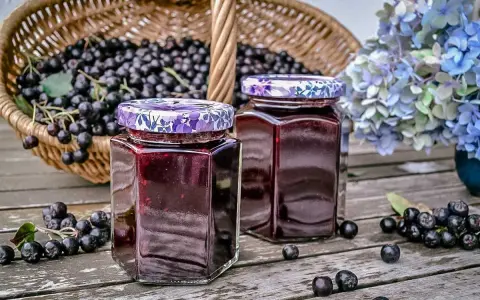 Zwei Gläser mit Aronia-Marmelade, bereit zum Verarbeiten. Ein Korb voller Aronia-Beeren steht im Hintergrund.