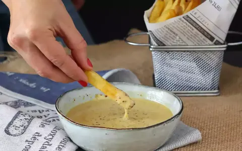 Une frite trempée dans une sauce moutarde miel onctueuse. Des frites dorées dans un panier en métal à côté.