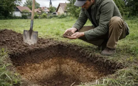 Mężczyzna bada ziemię po wykonaniu odwiertów geotechnicznych. Widać wykop i łopatę.